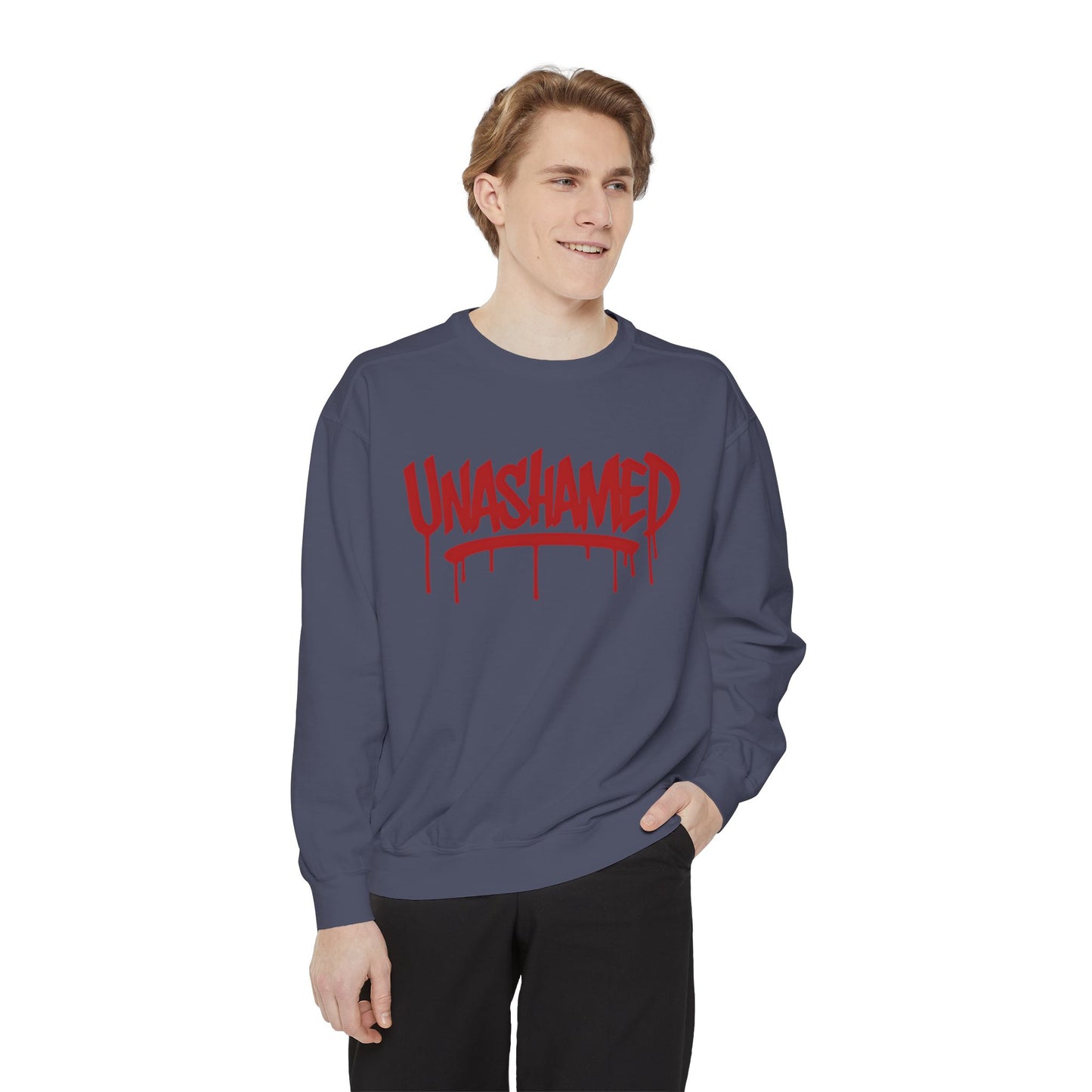 Unisex Garment-Dyed Sweatshirt with 'UNASHAMED' Design - Casual, Comfortable, Trendy, Gift for Friends, Lounge Wear, Street Style