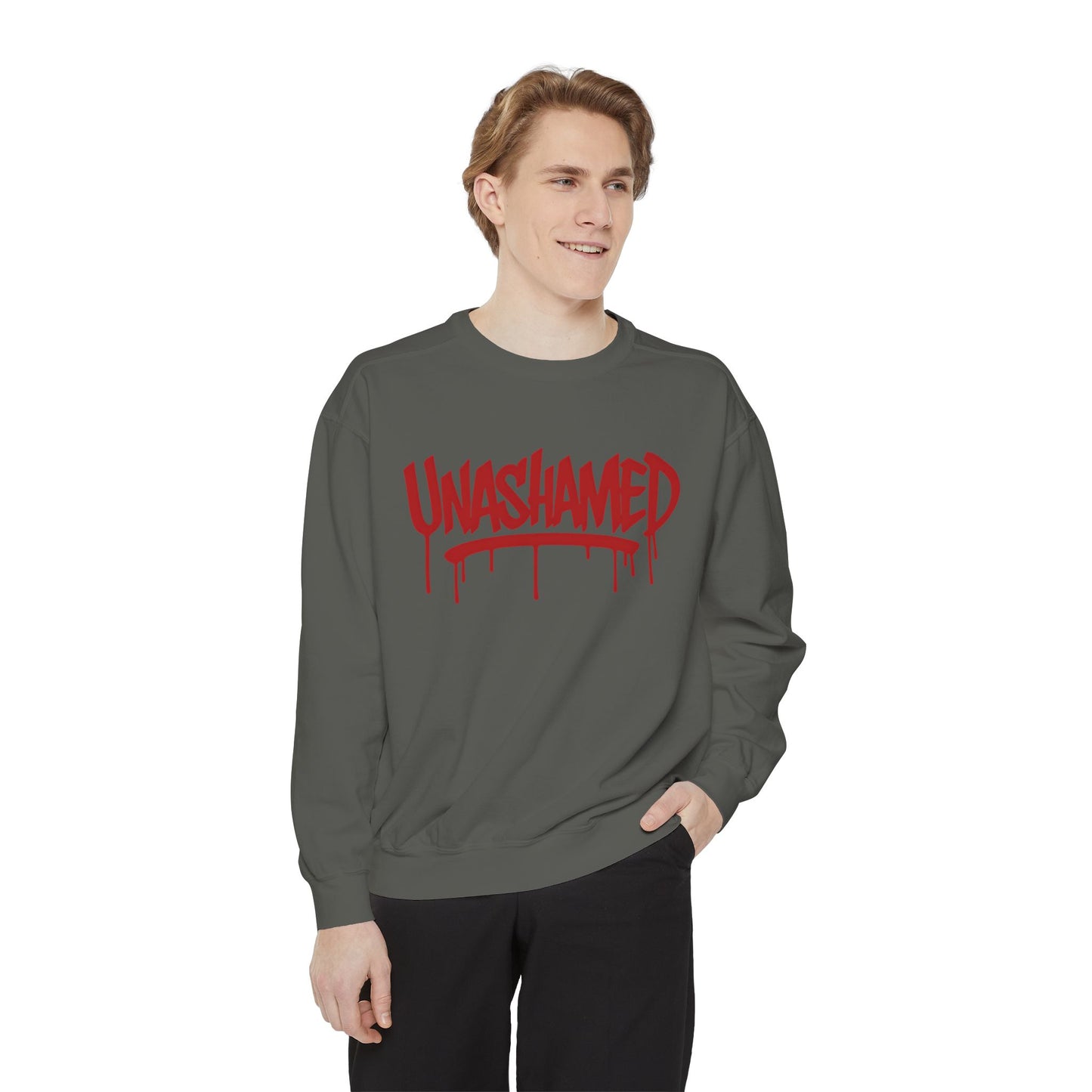 Unisex Garment-Dyed Sweatshirt with 'UNASHAMED' Design - Casual, Comfortable, Trendy, Gift for Friends, Lounge Wear, Street Style