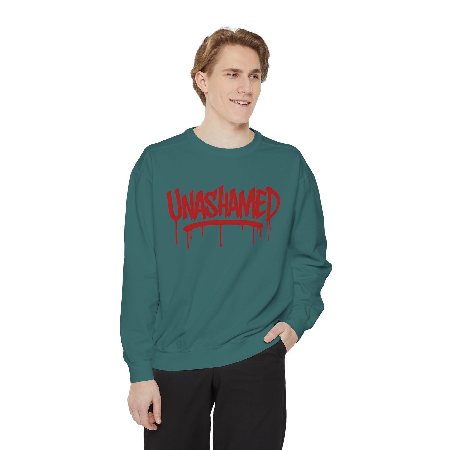 Unisex Garment-Dyed Sweatshirt with 'UNASHAMED' Design - Casual, Comfortable, Trendy, Gift for Friends, Lounge Wear, Street Style