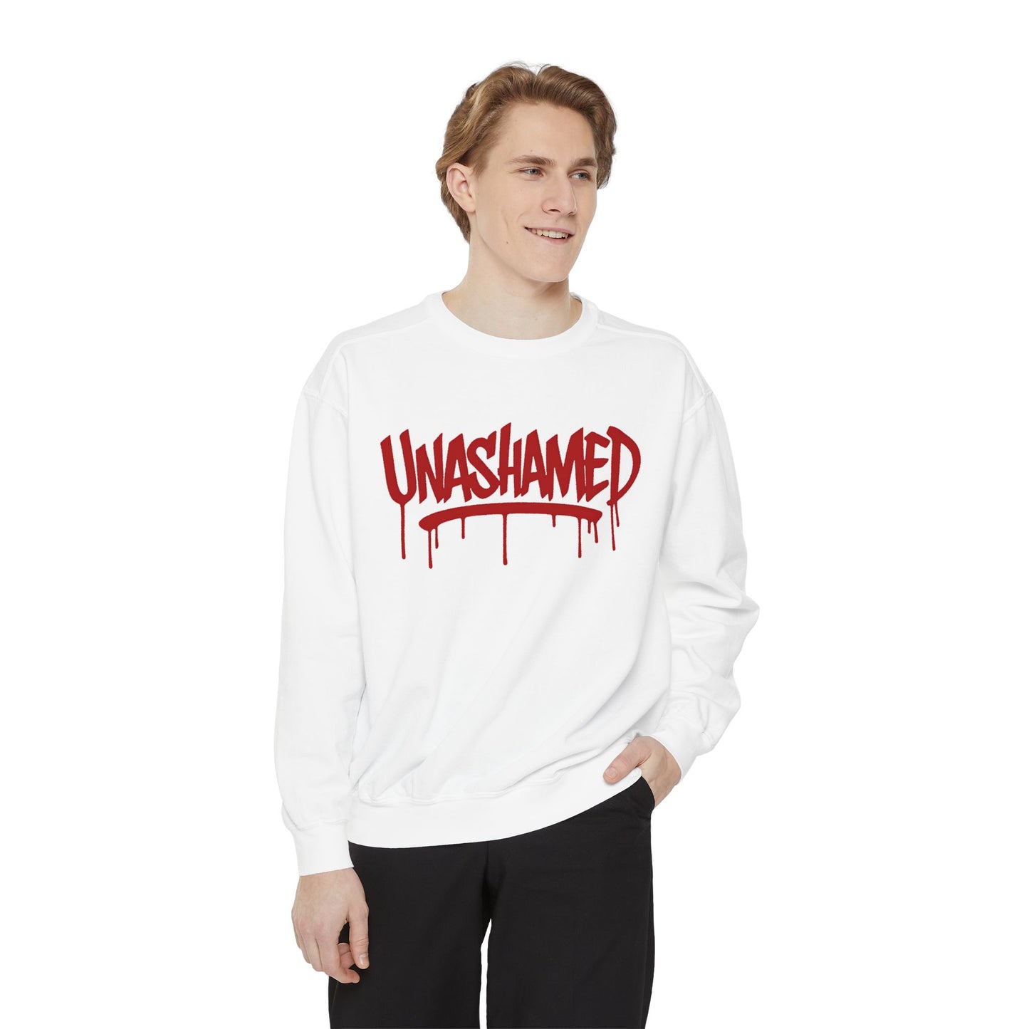 Unisex Garment-Dyed Sweatshirt with 'UNASHAMED' Design - Casual, Comfortable, Trendy, Gift for Friends, Lounge Wear, Street Style