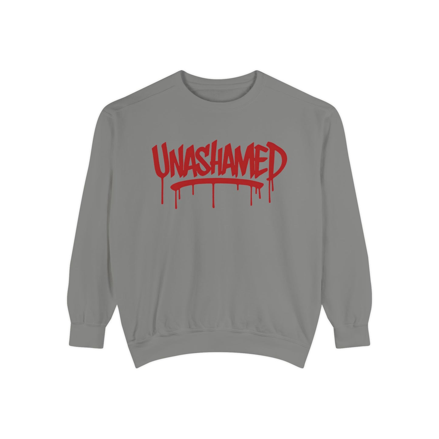 Unisex Garment-Dyed Sweatshirt with 'UNASHAMED' Design - Casual, Comfortable, Trendy, Gift for Friends, Lounge Wear, Street Style