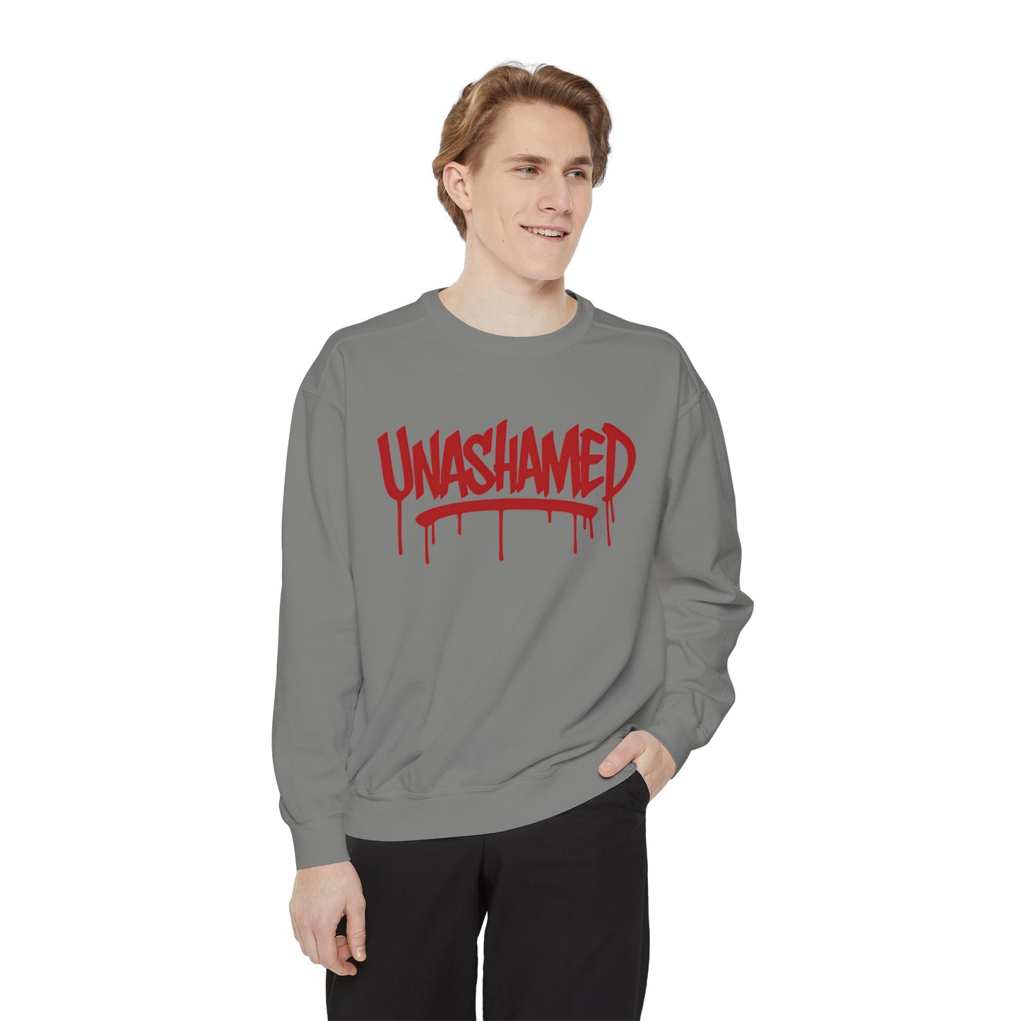 Unisex Garment-Dyed Sweatshirt with 'UNASHAMED' Design - Casual, Comfortable, Trendy, Gift for Friends, Lounge Wear, Street Style