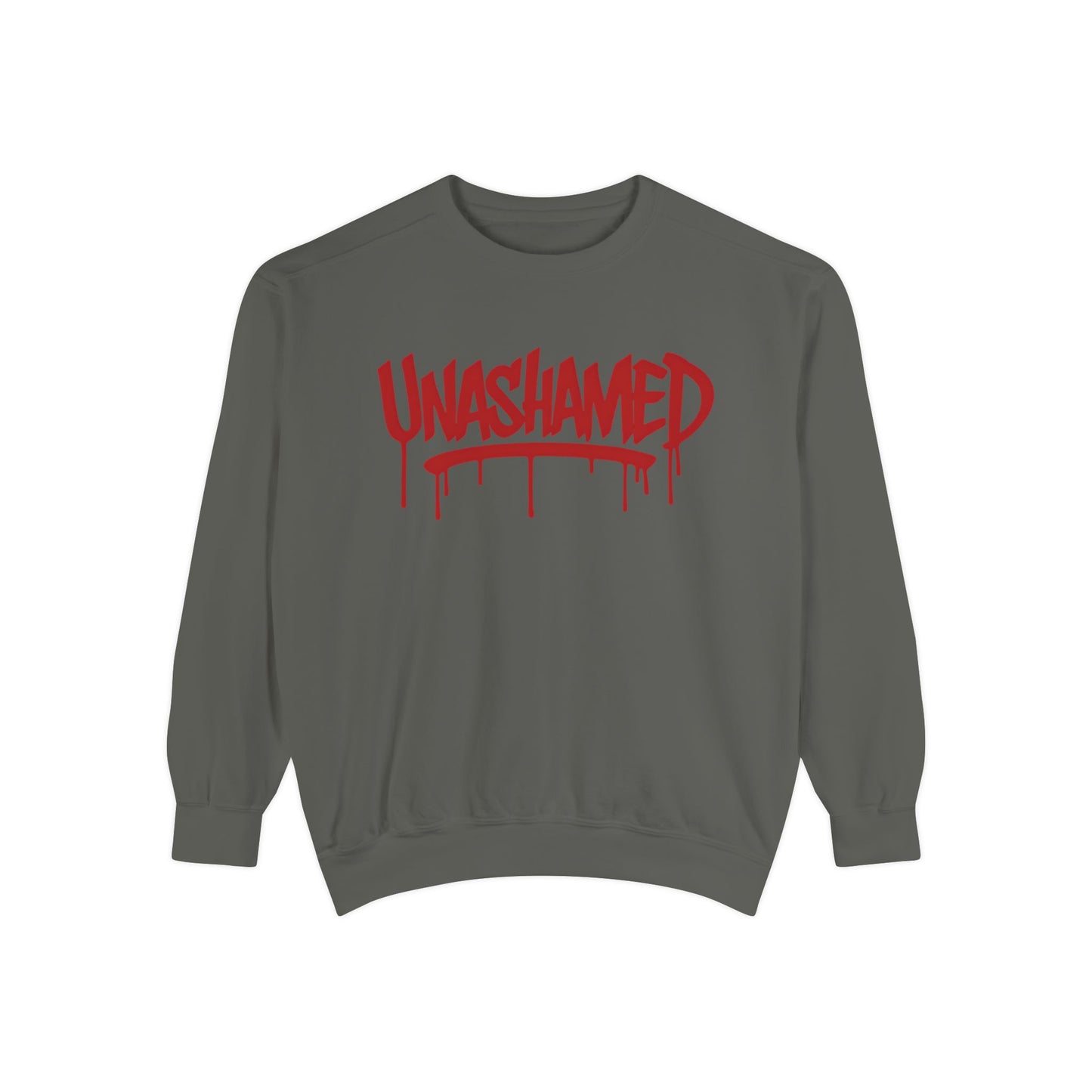 Unisex Garment-Dyed Sweatshirt with 'UNASHAMED' Design - Casual, Comfortable, Trendy, Gift for Friends, Lounge Wear, Street Style
